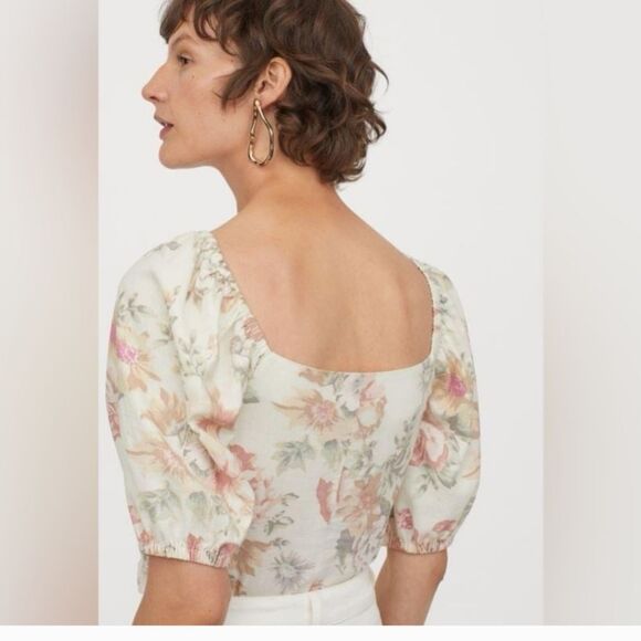 Linen square neck puff sleeve cropped blouse floral size M - Picture 11 of 14